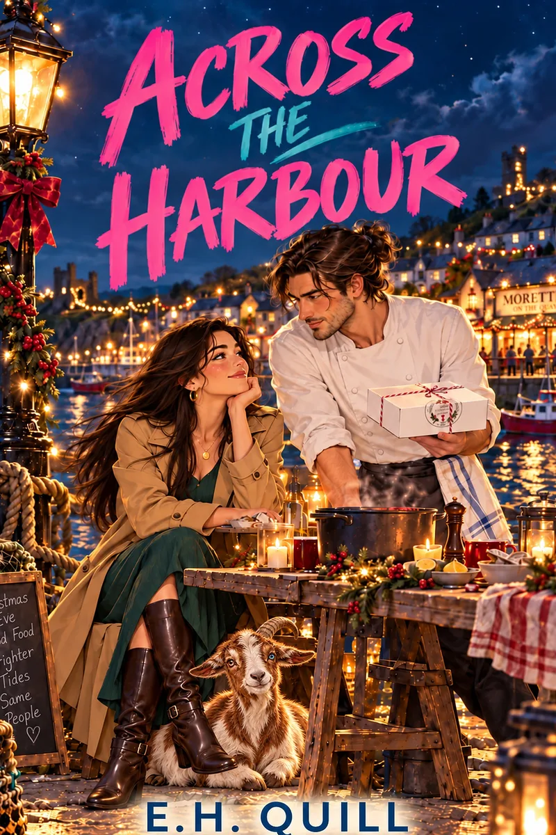 Across the Harbour by E. H. Quill: Aoife and chef Luca at a candlelit harbourside table at Christmas, with a goat
