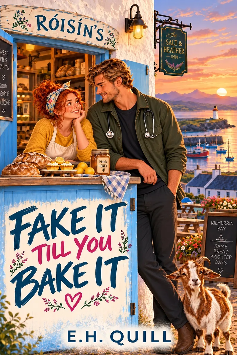 Fake It Till You Bake It by E. H. Quill: Róisín at her bakery counter with Finn the vet and a goat, Kilmurrin harbour at sunset