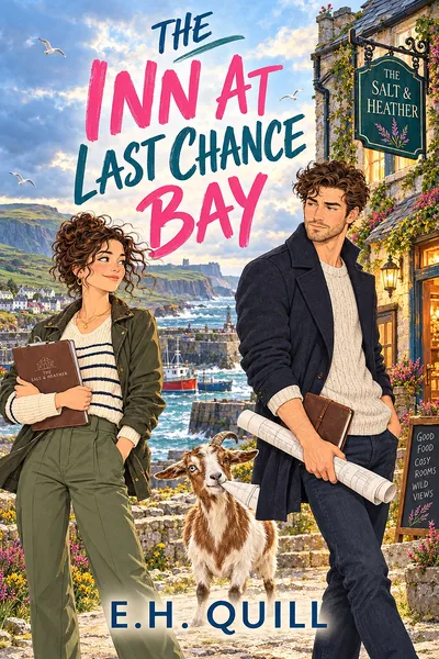 The Inn at Last Chance Bay by E. H. Quill: Nell and Callum outside the Salt & Heather inn with a goat, above Kilmurrin harbour