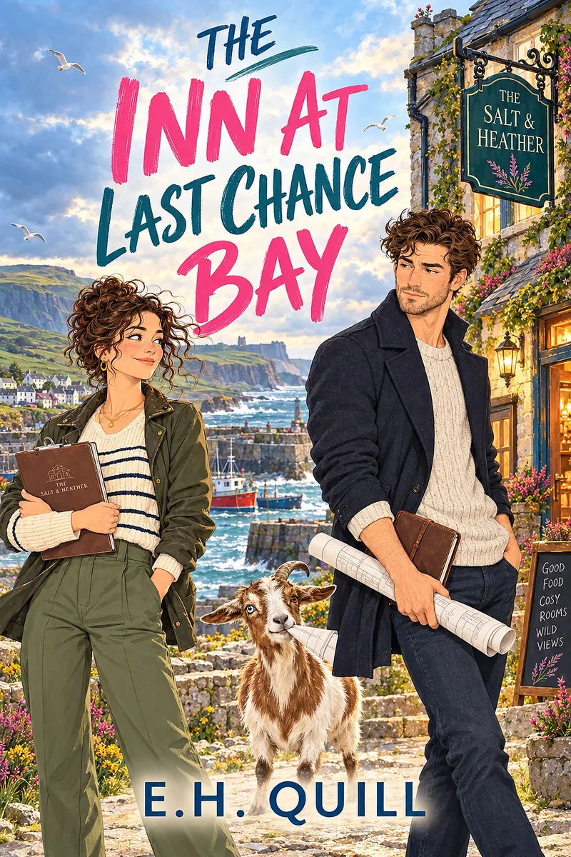 The Inn at Last Chance Bay by E. H. Quill: Nell and Callum outside the Salt & Heather inn with a goat, above Kilmurrin harbour