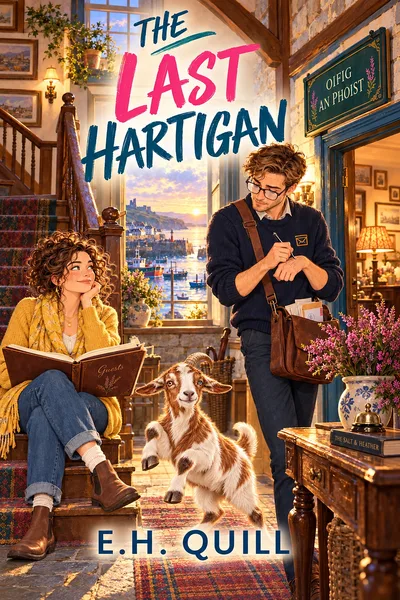 The Last Hartigan by E. H. Quill: Tess reading a guestbook at the Salt & Heather while Rory the postman writes, with a goat