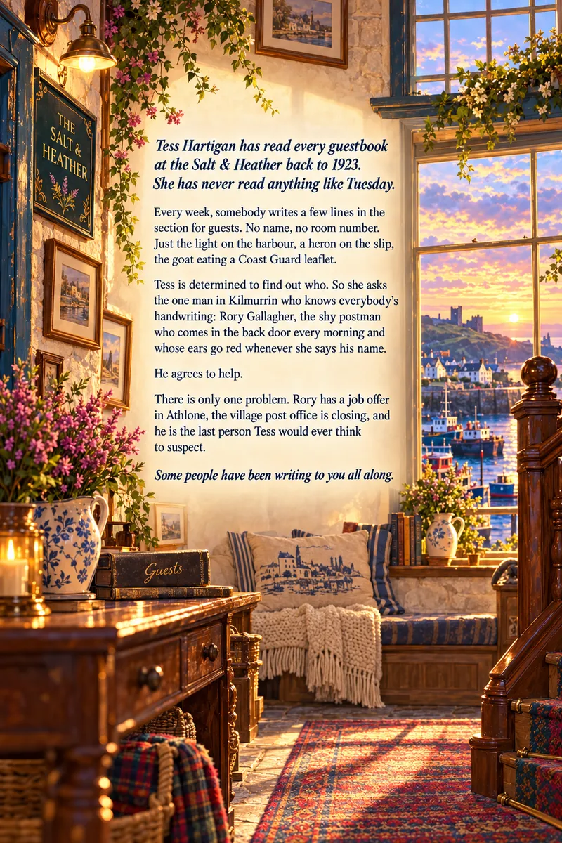 Inside the Salt & Heather: a window seat, the guestbook and a view of the harbour