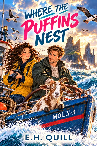 Where the Puffins Nest by E. H. Quill: Maeve with a camera and skipper Declan on the boat Molly-B with a goat, puffins and sea stacks behind
