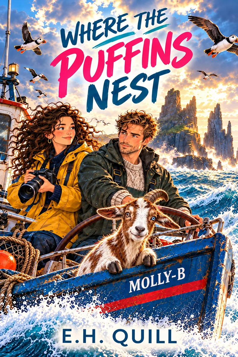 Where the Puffins Nest by E. H. Quill: Maeve with a camera and skipper Declan on the boat Molly-B with a goat, puffins and sea stacks behind