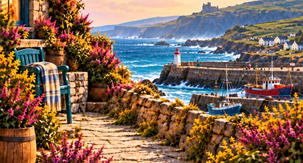 The stone harbour at Kilmurrin with a red-and-white lighthouse and fishing boats